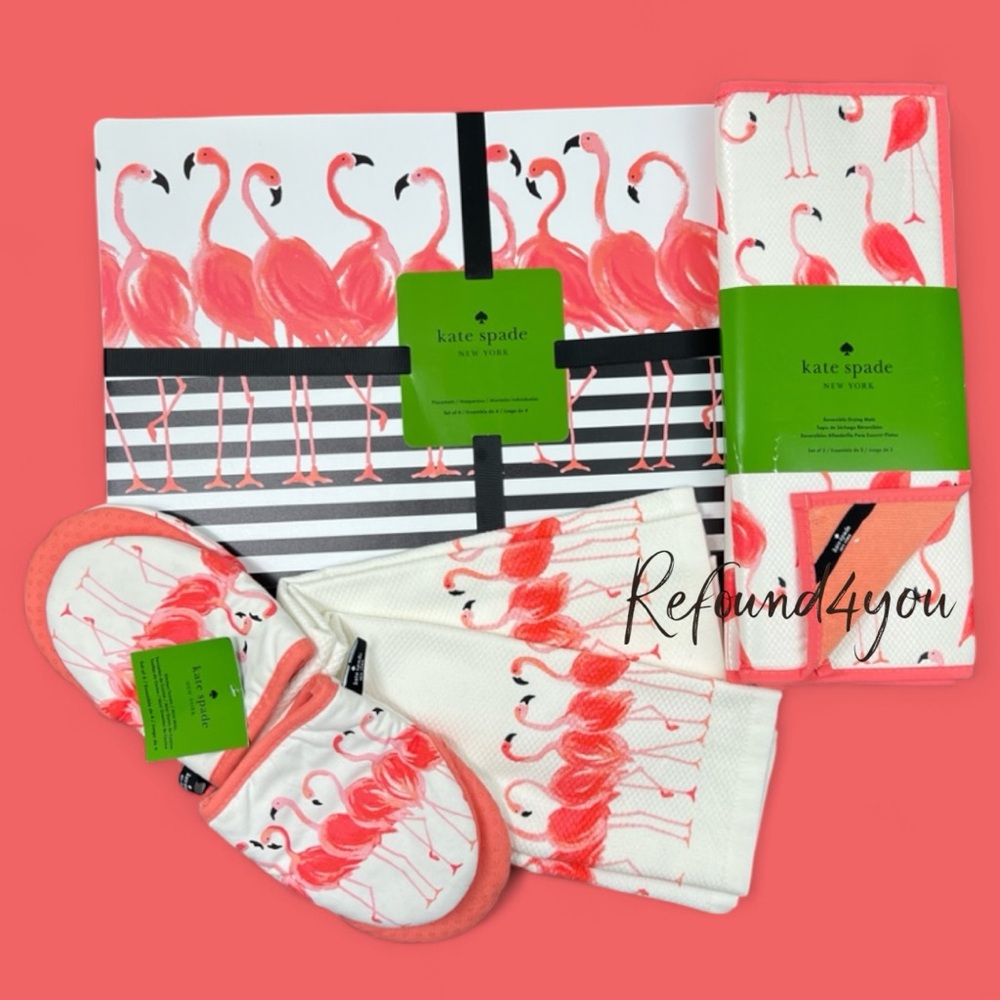 Kate Spade - ‘Flamingo Bundle’ placemats, dish, towels, oven mitt & drying mat.